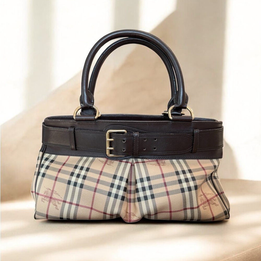 Burberry Monogram Plaid Belted Shoulder Tote Bag